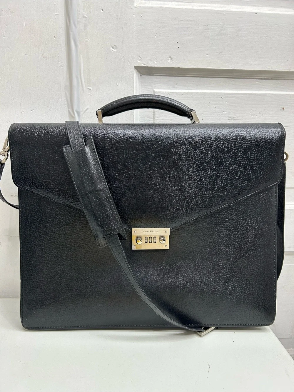 Salvatore Ferragamo Black Leather Laptop Briefcase with Gold-Tone Lock